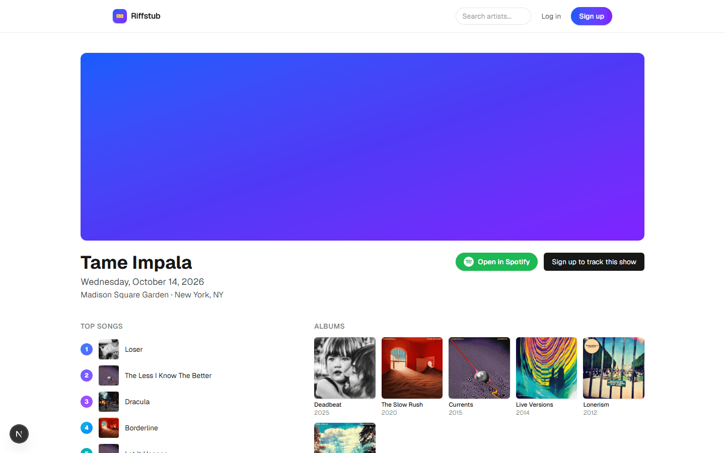 Riffstub artist show page for Tame Impala